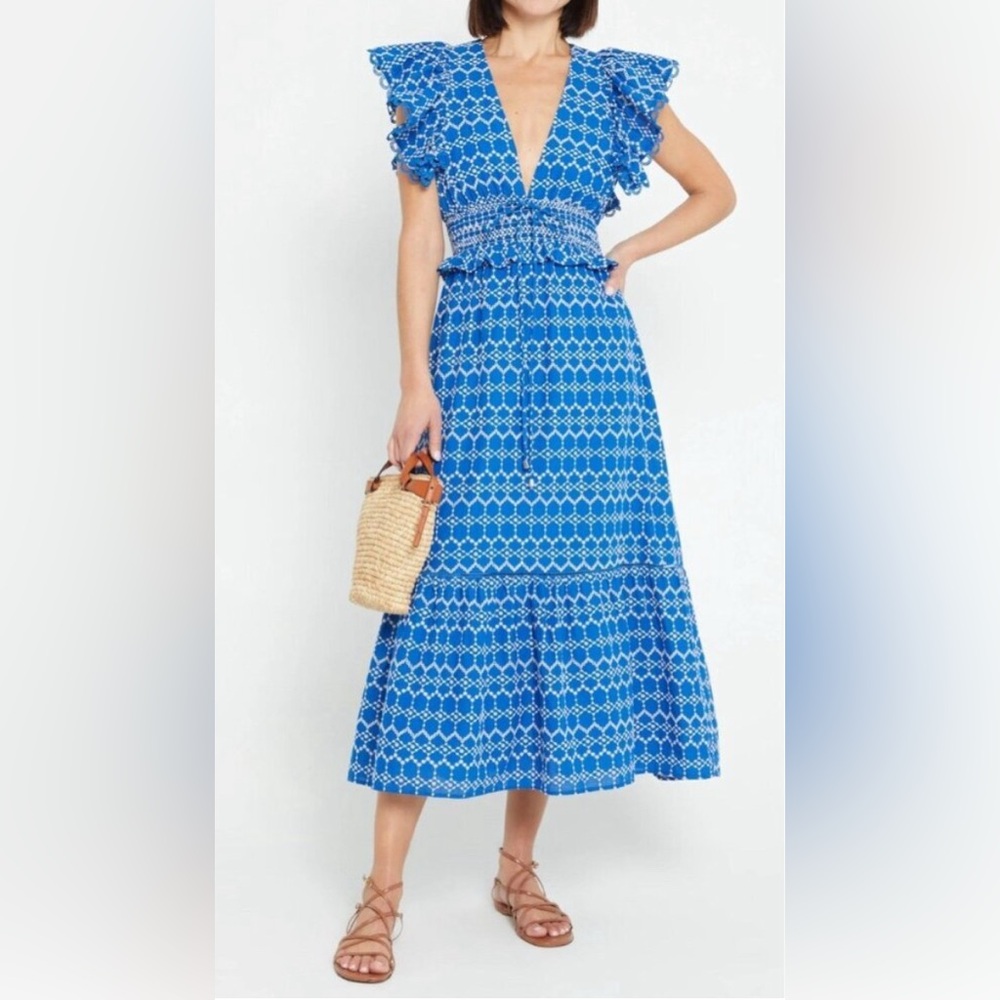 Tuckernuck O.P.T. Jardin Dress Eyelet V Neck Smocked Ruffle Sleeve Maxi Sundress